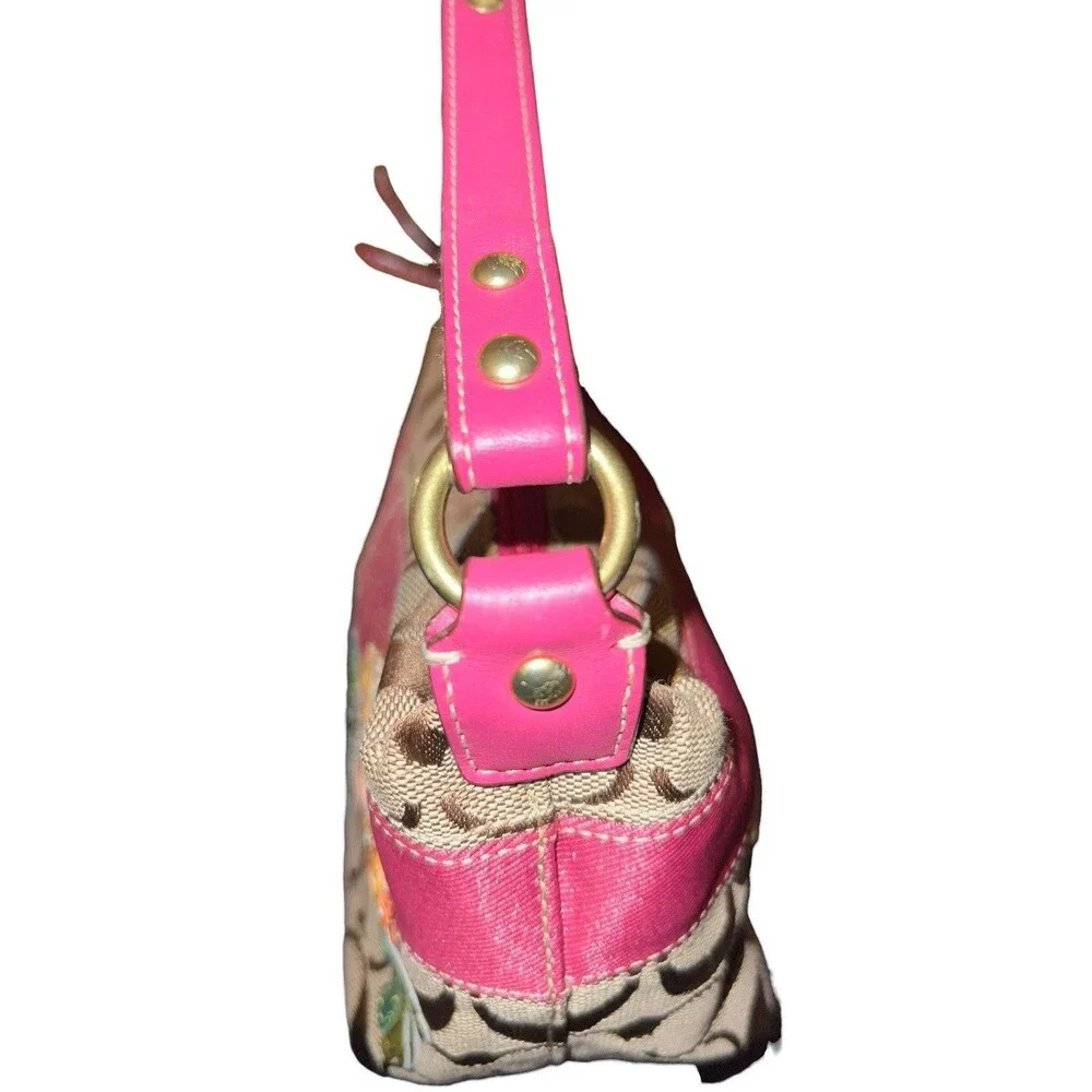 Coach Khaki Pink Signature C Rare Floral Appliqué Canvas Shoulder Bag 41420 Y2K